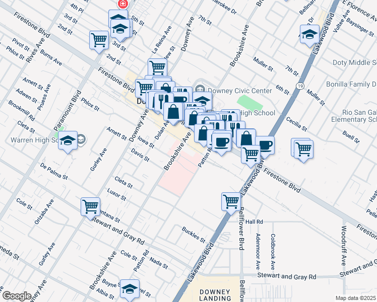 map of restaurants, bars, coffee shops, grocery stores, and more near 11410 Brookshire Avenue in Downey