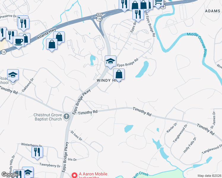 map of restaurants, bars, coffee shops, grocery stores, and more near 160 Windy Hill Place in Athens