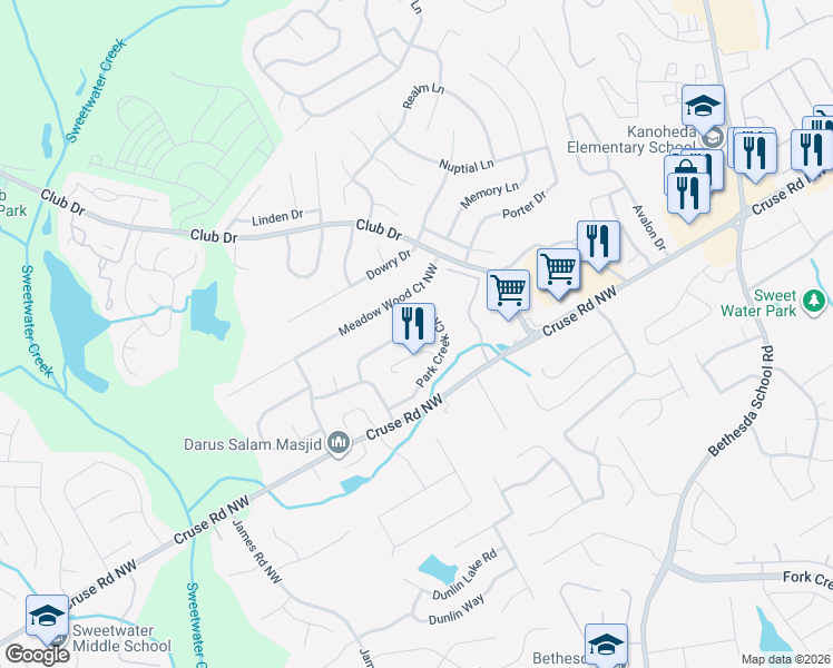 map of restaurants, bars, coffee shops, grocery stores, and more near 1020 Park Creek Circle in Lawrenceville