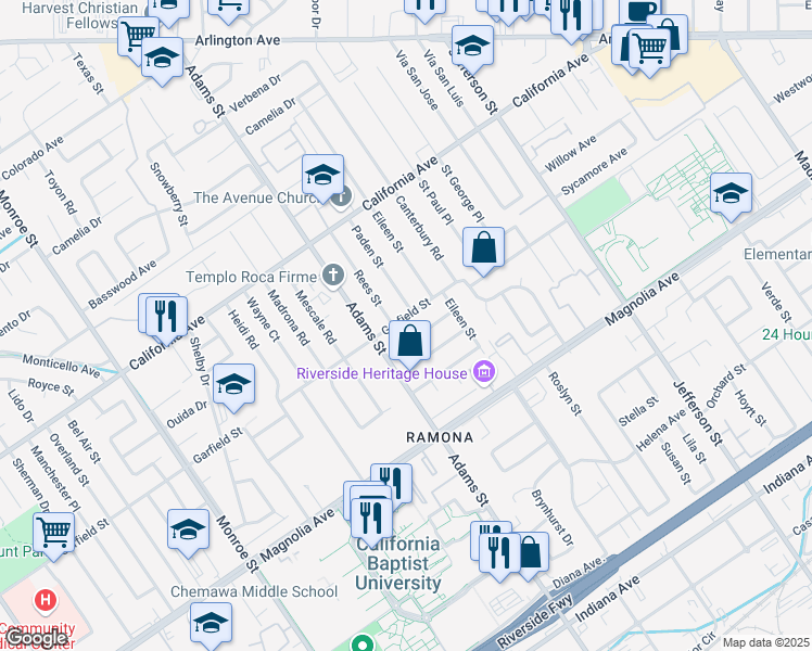 map of restaurants, bars, coffee shops, grocery stores, and more near 8240 Garfield Street in Riverside