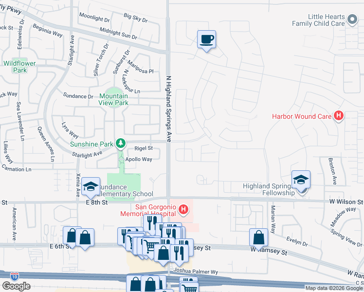 map of restaurants, bars, coffee shops, grocery stores, and more near 6329 Botanic Road in Banning