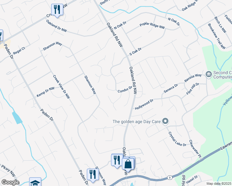 map of restaurants, bars, coffee shops, grocery stores, and more near 2303 Condor Drive in Lawrenceville
