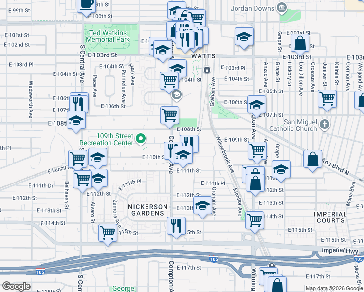 map of restaurants, bars, coffee shops, grocery stores, and more near 1624 East 109th Street in Los Angeles