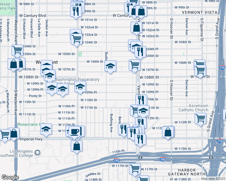 map of restaurants, bars, coffee shops, grocery stores, and more near 1129 West 109th Place in Los Angeles