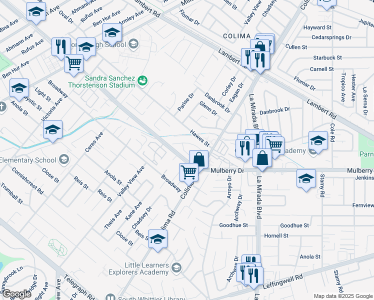 map of restaurants, bars, coffee shops, grocery stores, and more near 10702 Kane Avenue in Whittier