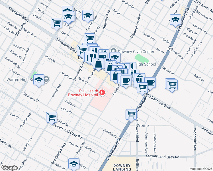 map of restaurants, bars, coffee shops, grocery stores, and more near 11410 Brookshire Avenue in Downey