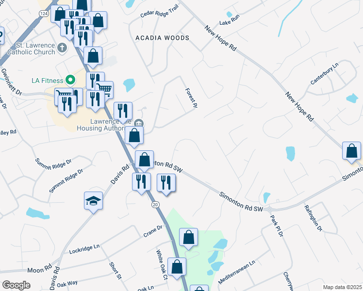 map of restaurants, bars, coffee shops, grocery stores, and more near 150 Forest Ridge Court Southwest in Lawrenceville