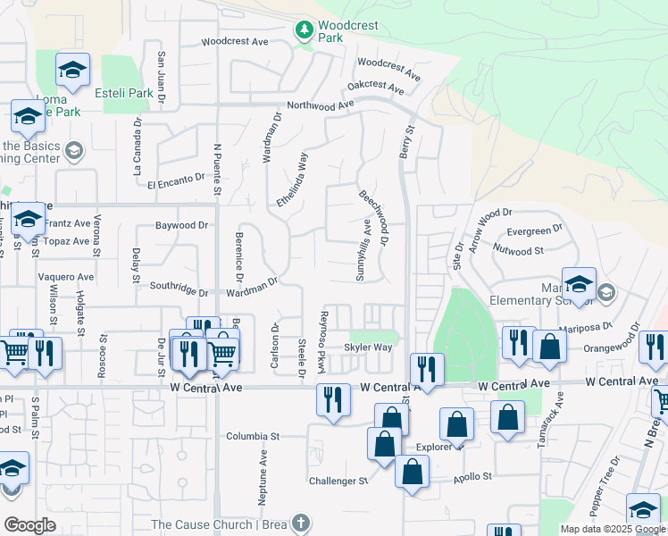 map of restaurants, bars, coffee shops, grocery stores, and more near 864 Vista Circle in Brea