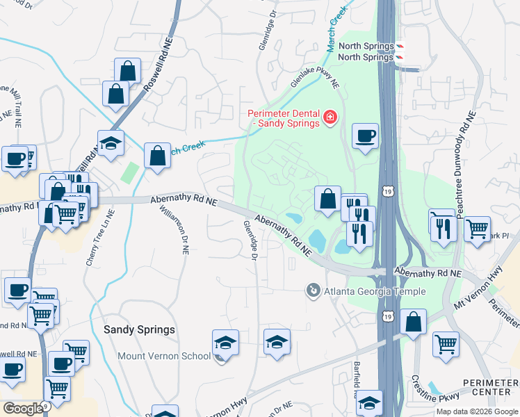 map of restaurants, bars, coffee shops, grocery stores, and more near 6666 Sterling Drive in Sandy Springs