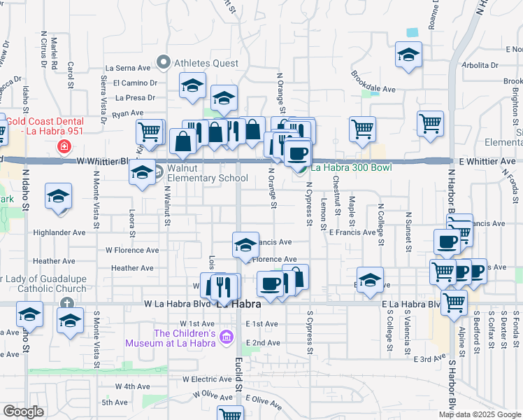 map of restaurants, bars, coffee shops, grocery stores, and more near 200 East Greenwood Avenue in La Habra