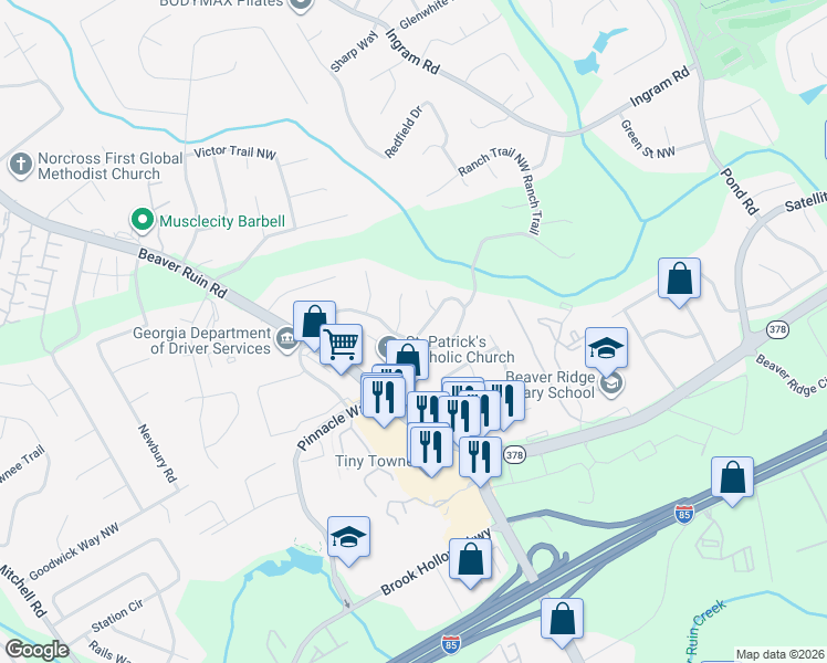 map of restaurants, bars, coffee shops, grocery stores, and more near 4928 Rockborough Trail Northwest in Norcross