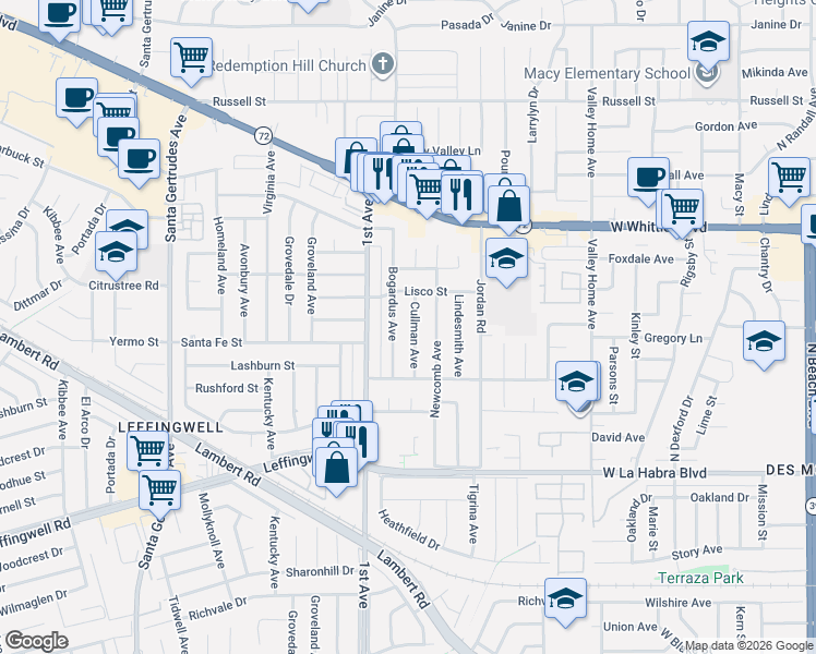 map of restaurants, bars, coffee shops, grocery stores, and more near 10810 Bogardus Avenue in Whittier