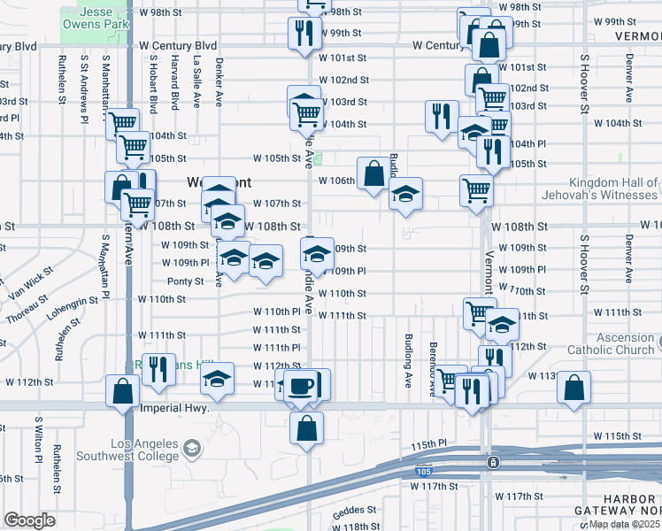 map of restaurants, bars, coffee shops, grocery stores, and more near 1340 West 109th Street in Los Angeles