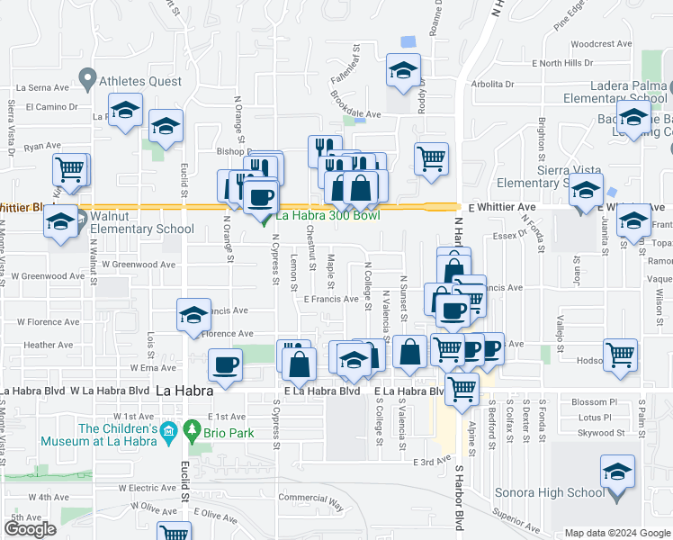 map of restaurants, bars, coffee shops, grocery stores, and more near 600 Maple Street in La Habra