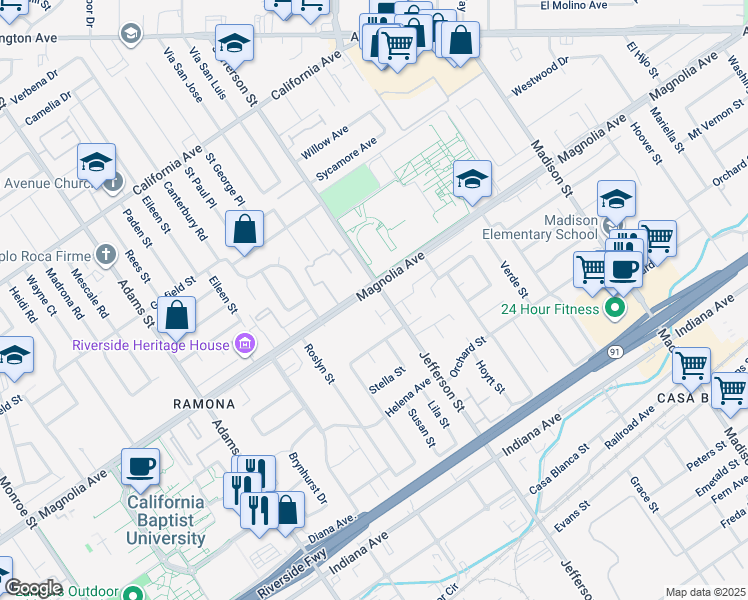 map of restaurants, bars, coffee shops, grocery stores, and more near 7914 Magnolia Avenue in Riverside