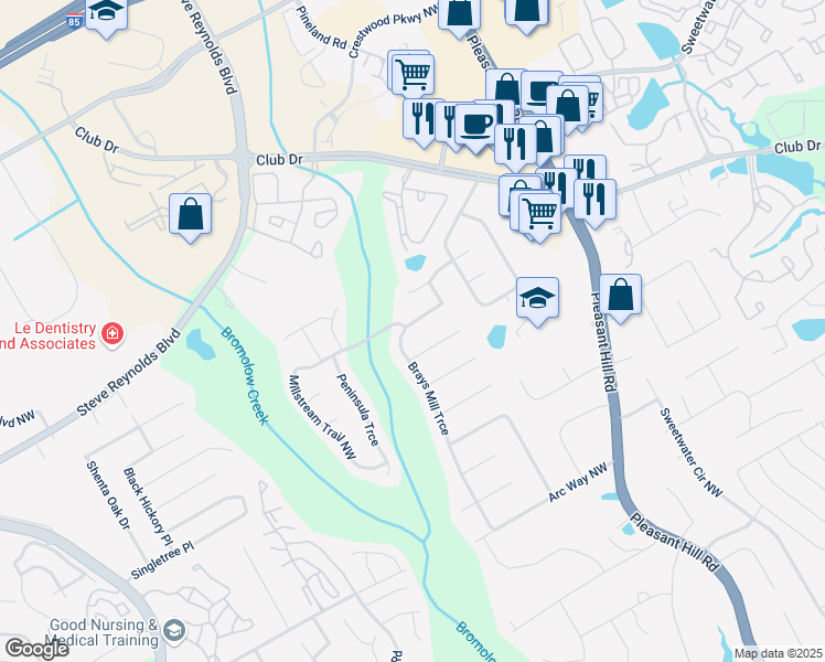 map of restaurants, bars, coffee shops, grocery stores, and more near 1451 Brays Mill Trce in Lawrenceville