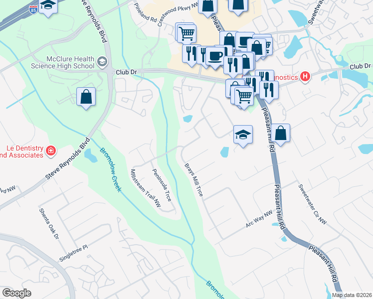 map of restaurants, bars, coffee shops, grocery stores, and more near 1451 Brays Mill Trce in Lawrenceville