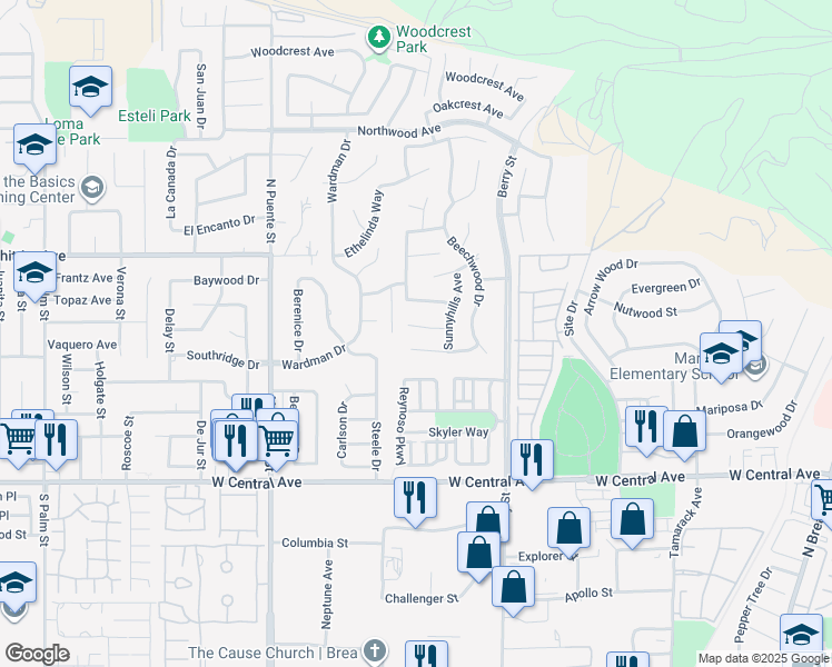map of restaurants, bars, coffee shops, grocery stores, and more near 864 Vista Circle in Brea