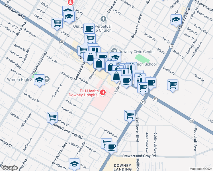 map of restaurants, bars, coffee shops, grocery stores, and more near 11410 Brookshire Avenue in Downey