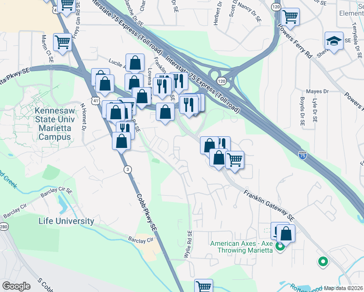 map of restaurants, bars, coffee shops, grocery stores, and more near 510 Augusta Drive in Marietta