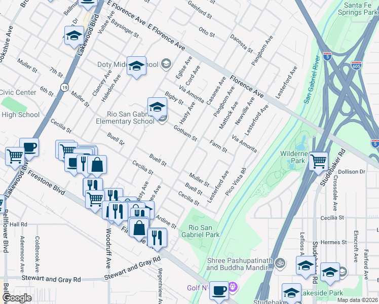 map of restaurants, bars, coffee shops, grocery stores, and more near 10537 Pangborn Avenue in Downey