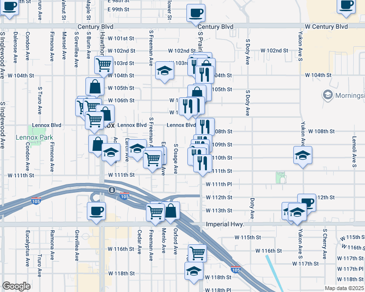 map of restaurants, bars, coffee shops, grocery stores, and more near 10914 South Osage Avenue in Lennox