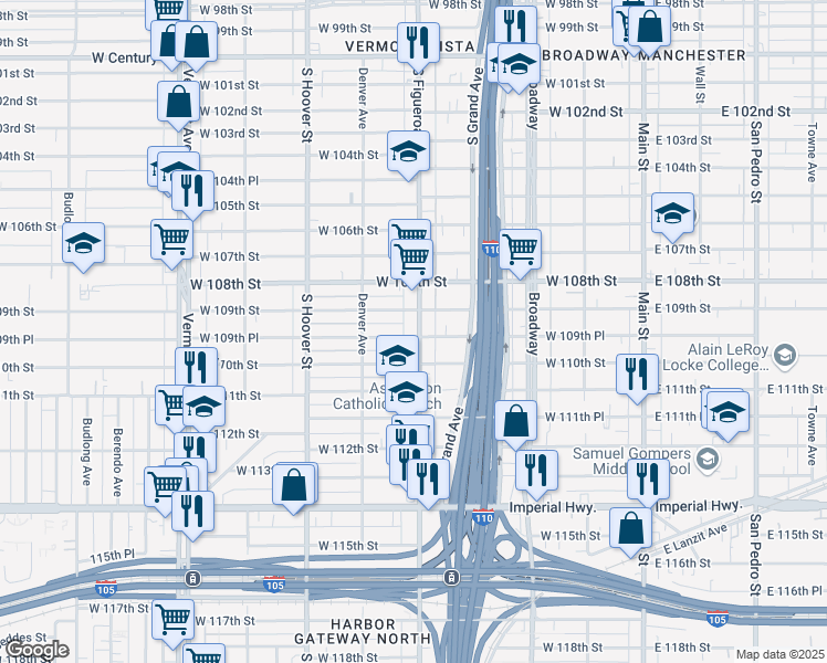 map of restaurants, bars, coffee shops, grocery stores, and more near 10925 South Figueroa Street in Los Angeles