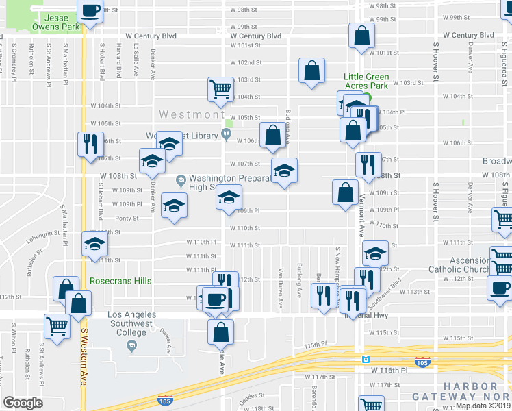 map of restaurants, bars, coffee shops, grocery stores, and more near 1303 West 109th Street in Los Angeles