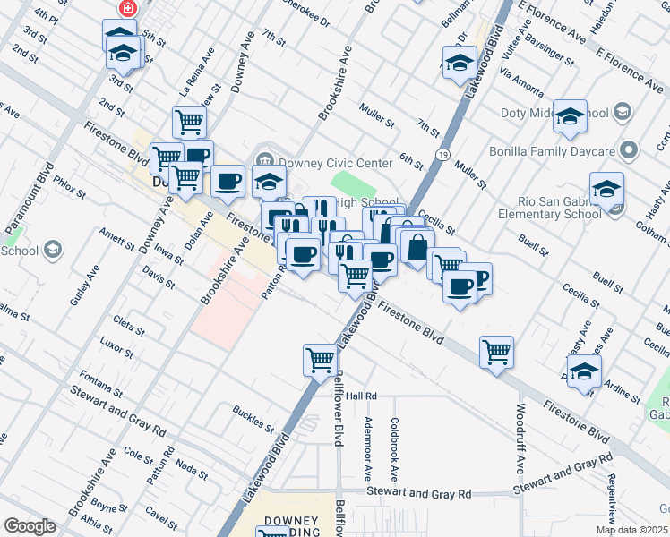 map of restaurants, bars, coffee shops, grocery stores, and more near 8740 Firestone Boulevard in Downey