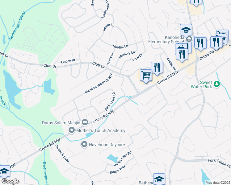 map of restaurants, bars, coffee shops, grocery stores, and more near 1051 Park Creek Circle in Lawrenceville