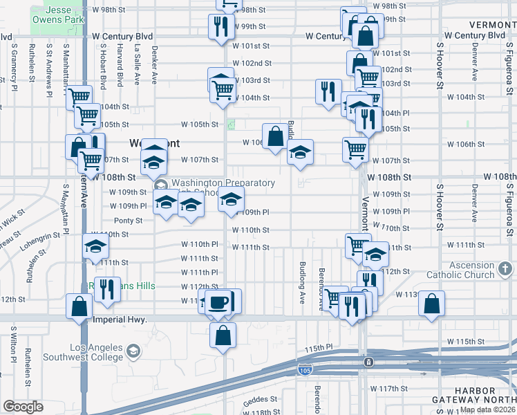 map of restaurants, bars, coffee shops, grocery stores, and more near 1320 West 109th Place in Los Angeles