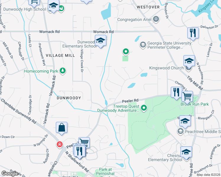 map of restaurants, bars, coffee shops, grocery stores, and more near 4744 Village North Court in Dunwoody
