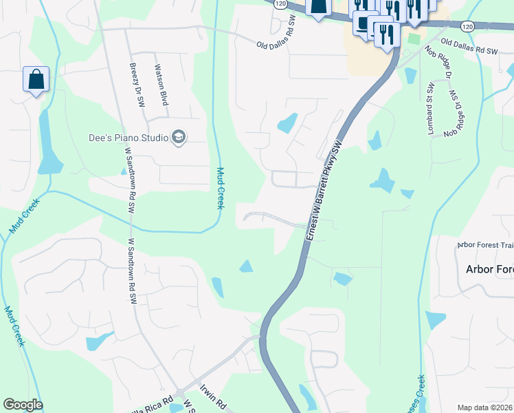 map of restaurants, bars, coffee shops, grocery stores, and more near 2720 Bolton Abbey Drive Southwest in Marietta