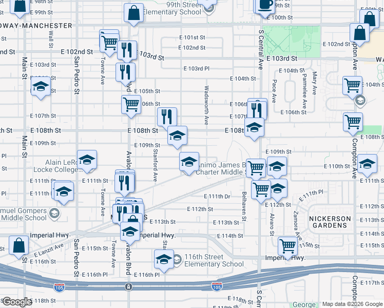 map of restaurants, bars, coffee shops, grocery stores, and more near 827 East 109th Place in Los Angeles
