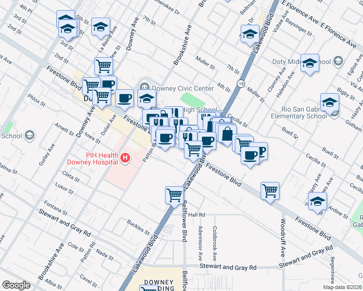 map of restaurants, bars, coffee shops, grocery stores, and more near 8709 Firestone Boulevard in Downey