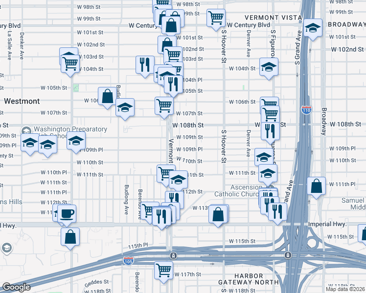 map of restaurants, bars, coffee shops, grocery stores, and more near 833 West 109th Place in Los Angeles