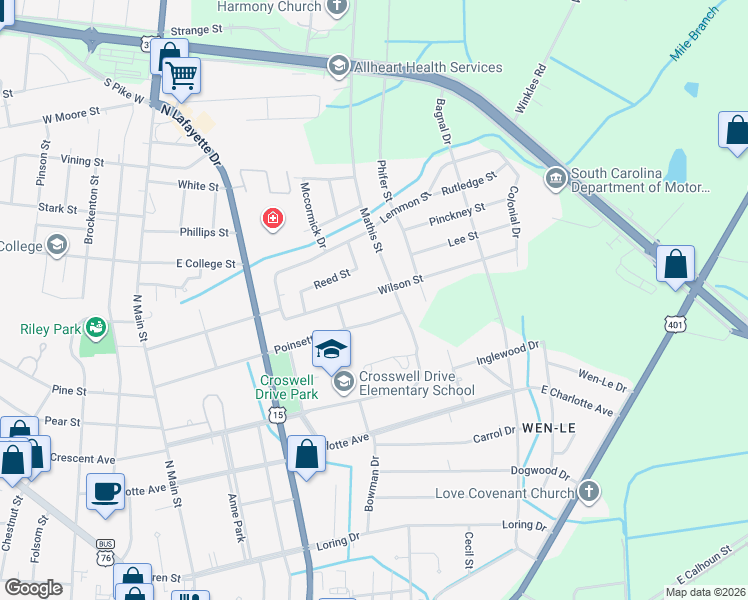map of restaurants, bars, coffee shops, grocery stores, and more near 163 Poinsett Drive in Sumter