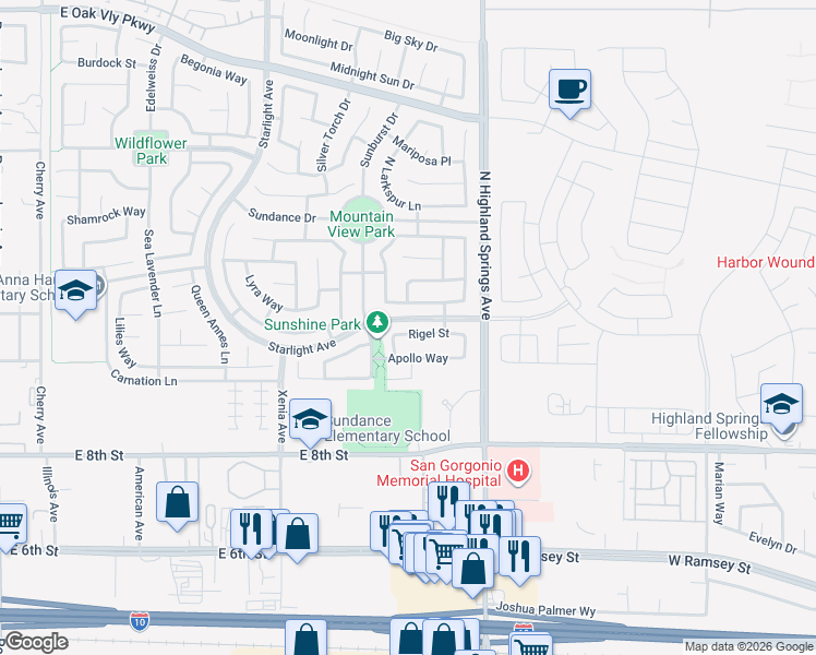 map of restaurants, bars, coffee shops, grocery stores, and more near 1634 Rigel Street in Beaumont
