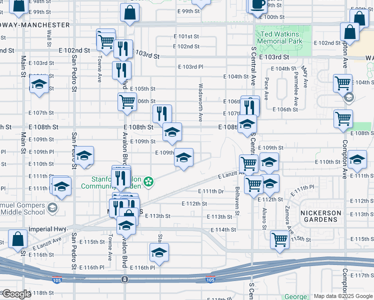 map of restaurants, bars, coffee shops, grocery stores, and more near 827 East 109th Place in Los Angeles
