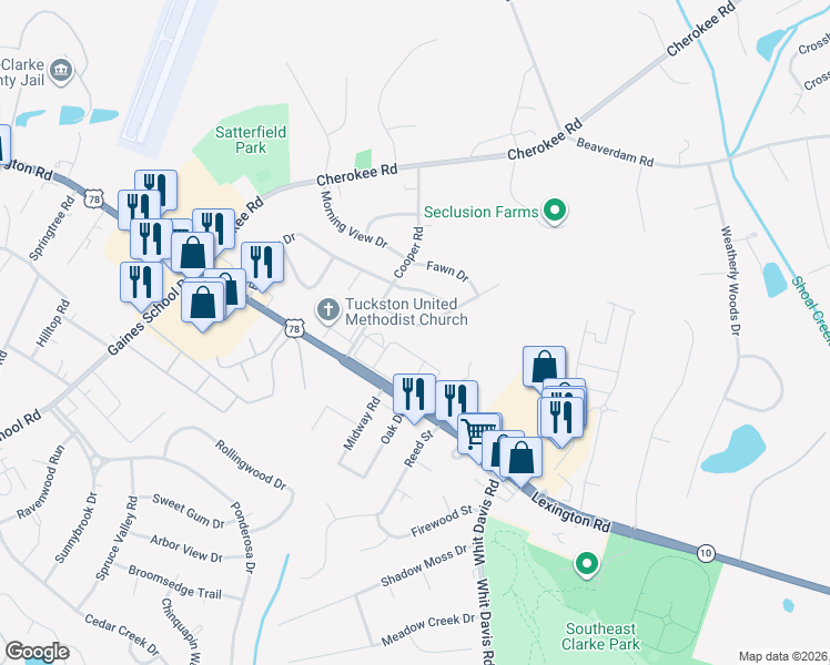 map of restaurants, bars, coffee shops, grocery stores, and more near 160 Deer Parkway in Athens
