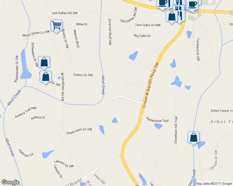 map of restaurants, bars, coffee shops, grocery stores, and more near 2730 Bolton Abbey Drive Southwest in Marietta