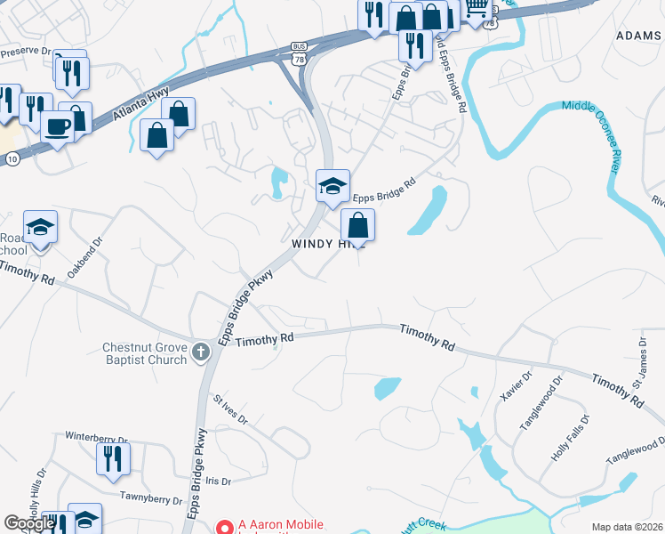 map of restaurants, bars, coffee shops, grocery stores, and more near 243 Windy Hill Way in Athens