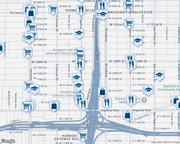 map of restaurants, bars, coffee shops, grocery stores, and more near 413 West 109th Place in Los Angeles