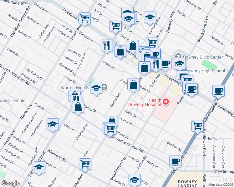 map of restaurants, bars, coffee shops, grocery stores, and more near 11611 Gurley Avenue in Downey