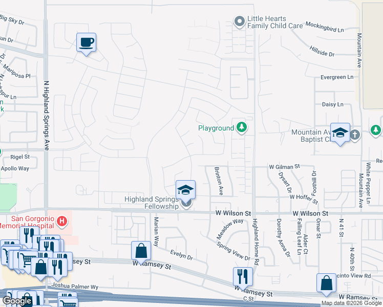 map of restaurants, bars, coffee shops, grocery stores, and more near 5281 Larkspur Road in Banning