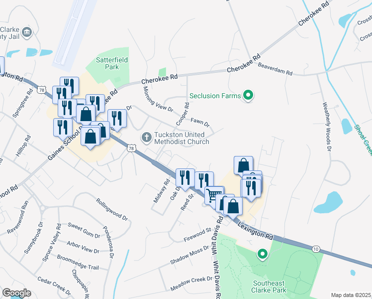 map of restaurants, bars, coffee shops, grocery stores, and more near 160 Deer Parkway in Athens