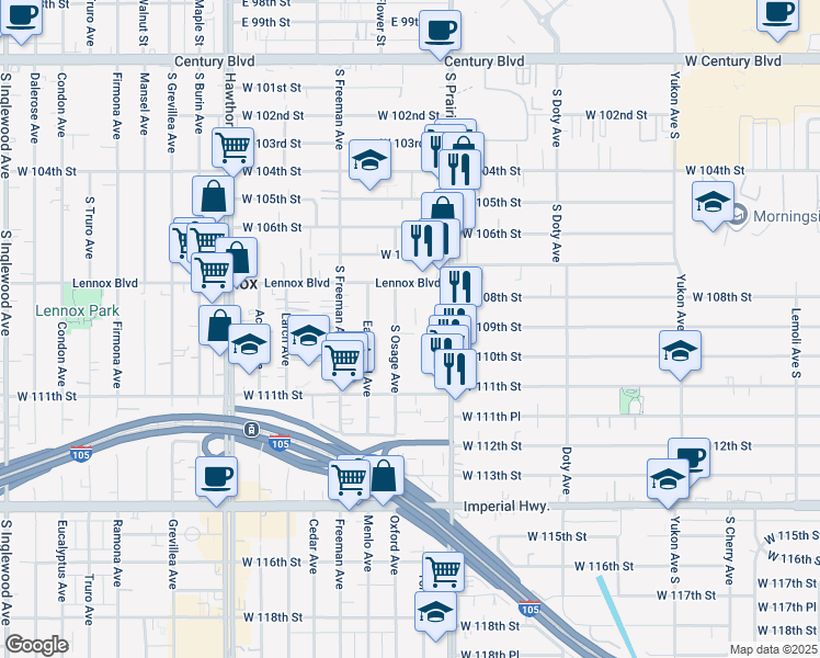 map of restaurants, bars, coffee shops, grocery stores, and more near 10914 South Osage Avenue in Lennox