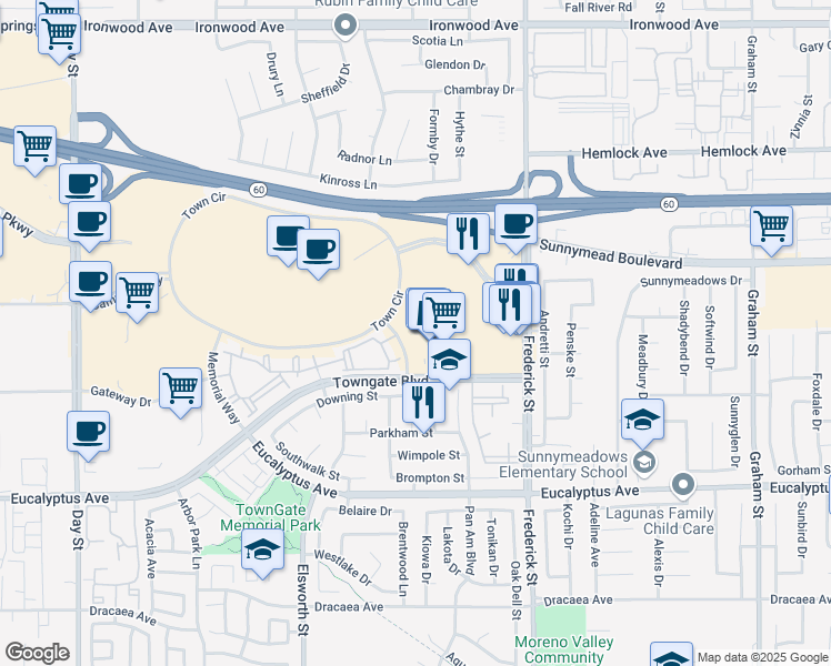 map of restaurants, bars, coffee shops, grocery stores, and more near 12625 Frederick Street in Moreno Valley