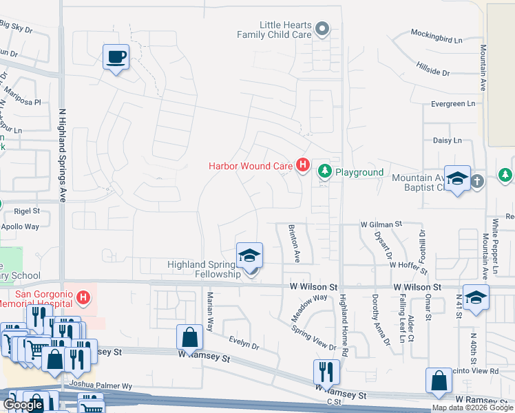 map of restaurants, bars, coffee shops, grocery stores, and more near 5281 Larkspur Road in Banning