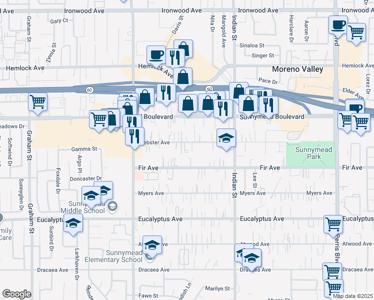 map of restaurants, bars, coffee shops, grocery stores, and more near 24320 Fir Avenue in Moreno Valley